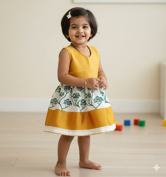 Printed green tree design kerala kasavu frock for kids