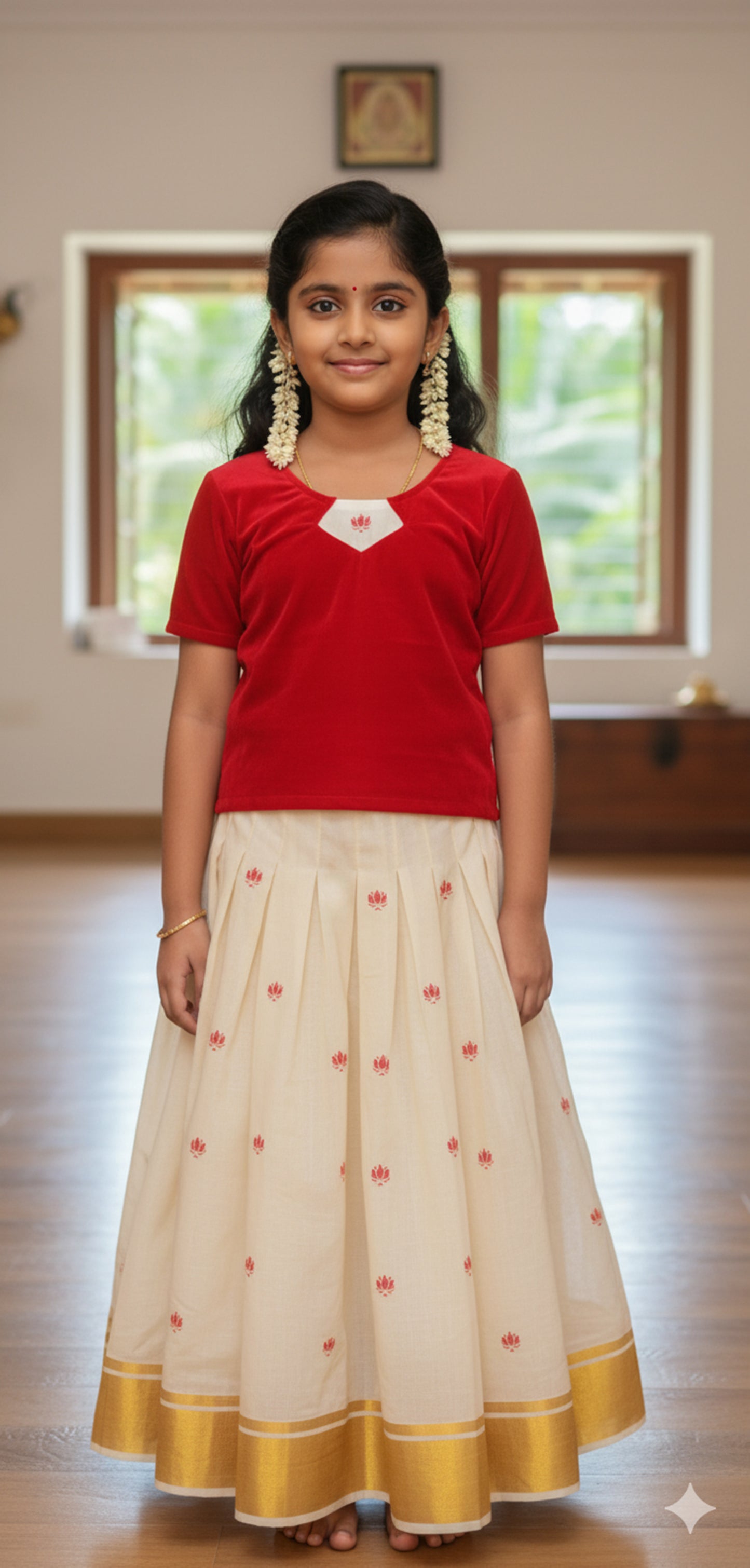 Red flower kerala tissue kasavu pattu pavada with red blouse for women