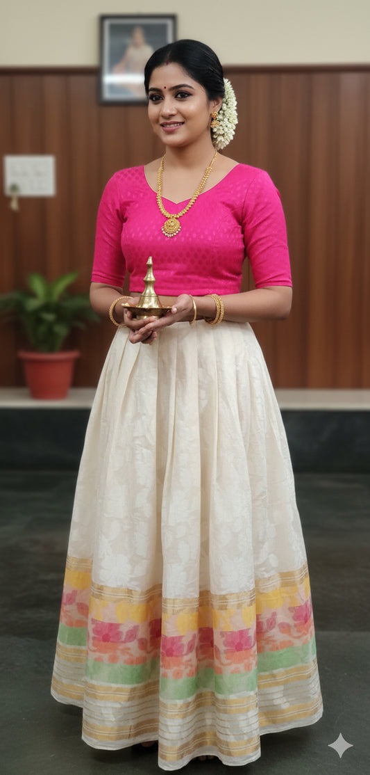 Designer colourful kerala kasavu pattu pavada with magenta blouse for women