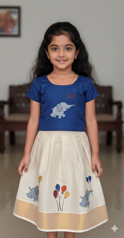 Elephant and balloon designer hand mural painting kerala pattu pavada for kids