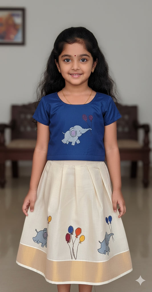 Elephant and balloon designer hand mural painting kerala pattu pavada for kids