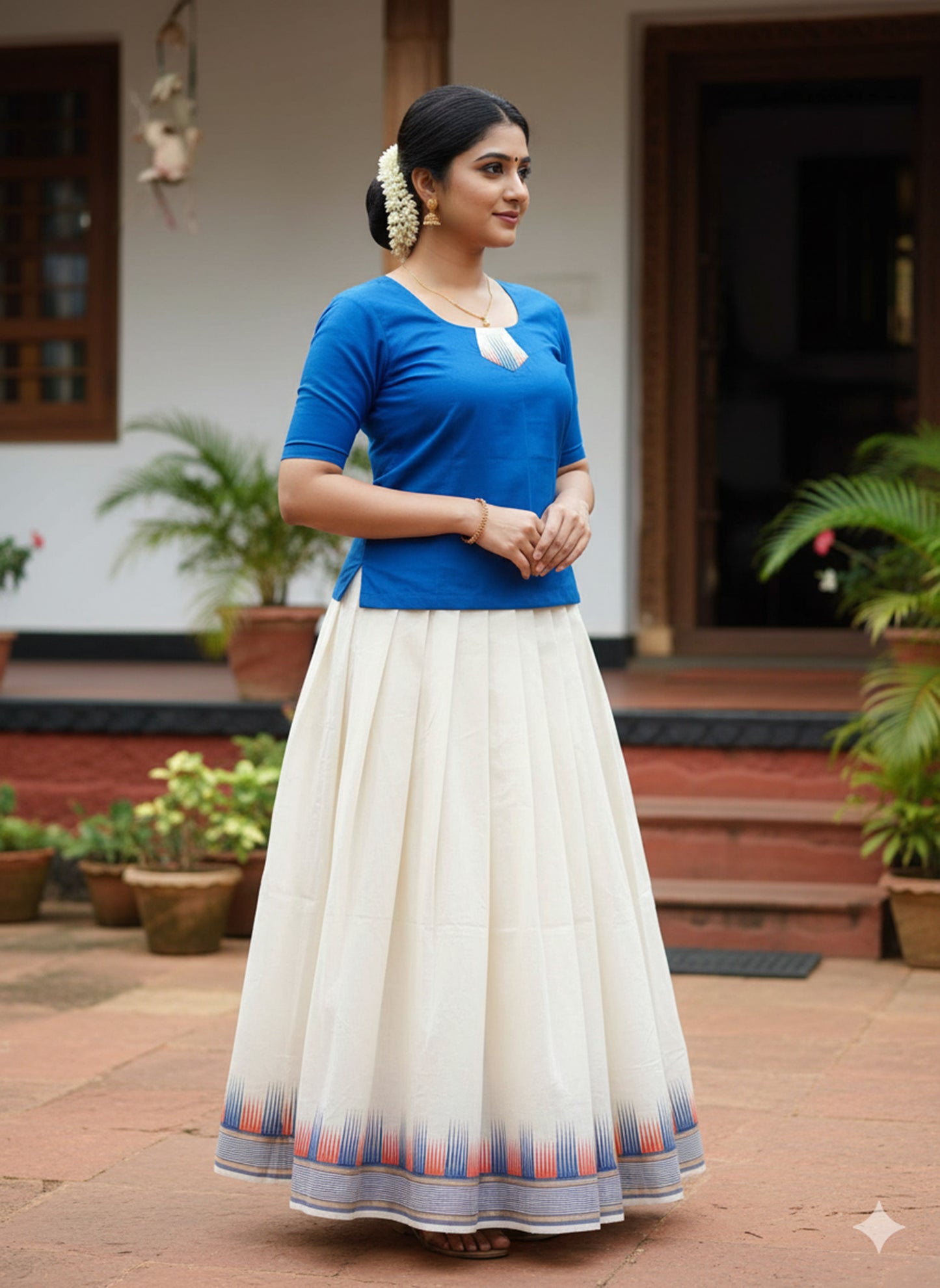 Designer temple border kerala  pattu pavada with blue blouse for women