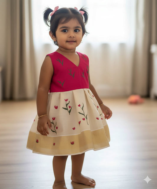 Hand mural painting kerala tissue kasavu frock with flower and leaf design for kids