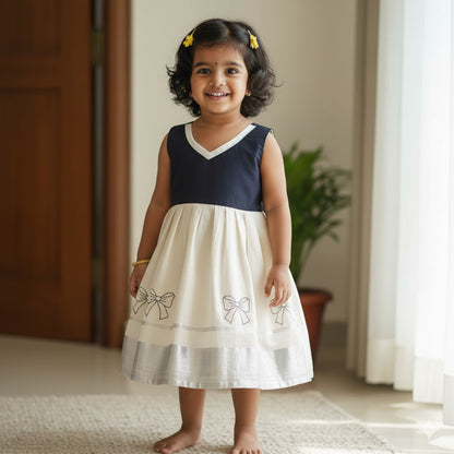 Ribbon design hand mural painting kerala silver tissue kasavu frock for kids