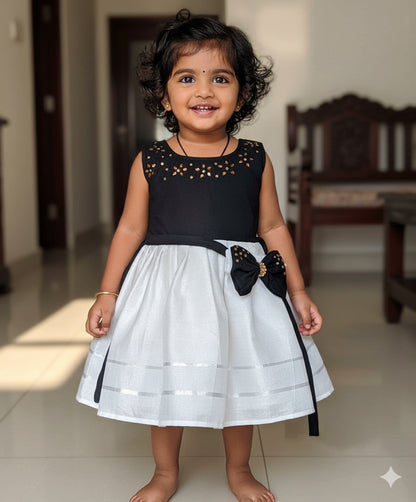 Black hand work designer kerala silver tissue girls frock with hair band for kids