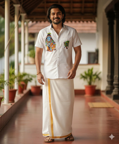 Krishna with butter pot mural hand painting on white cotton shirt