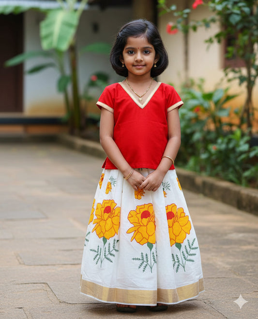 Flower print design kerala kasavu pattu pavada with red blouse for kids