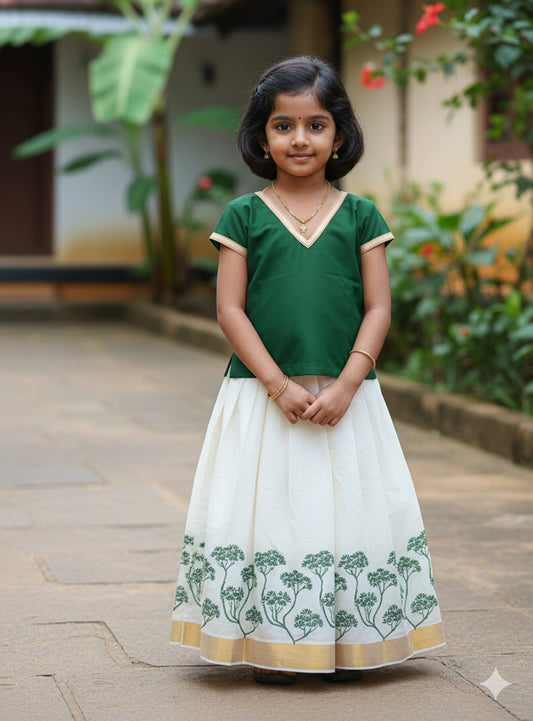 Tree printed design kerala pattu pavada with green blouse for kids