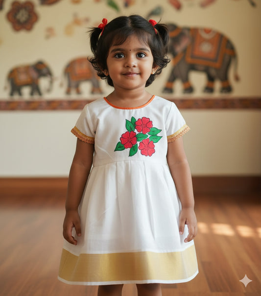 kerala cotton kasavu frock with flower hand painting design for kids