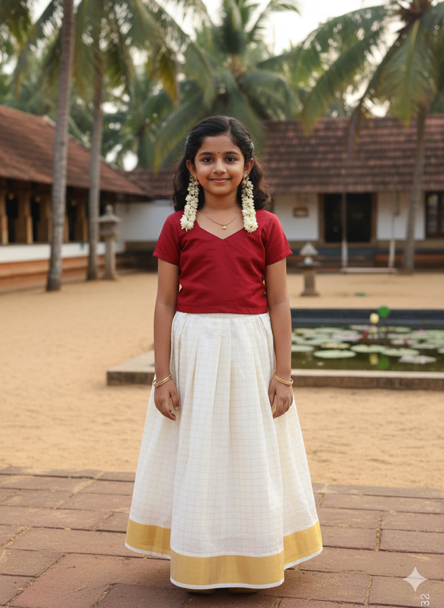 Line design kerala pattu pavada with maroon blouse for kids