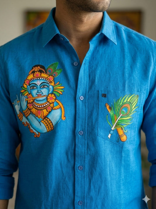 krishna peeli mural hand painting on blue shirt with lotus silk mundu