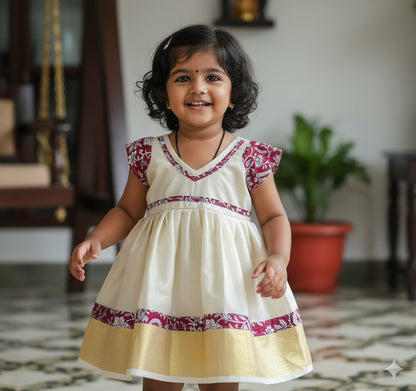 Kalamkari design tissue kerala designer frock for kids