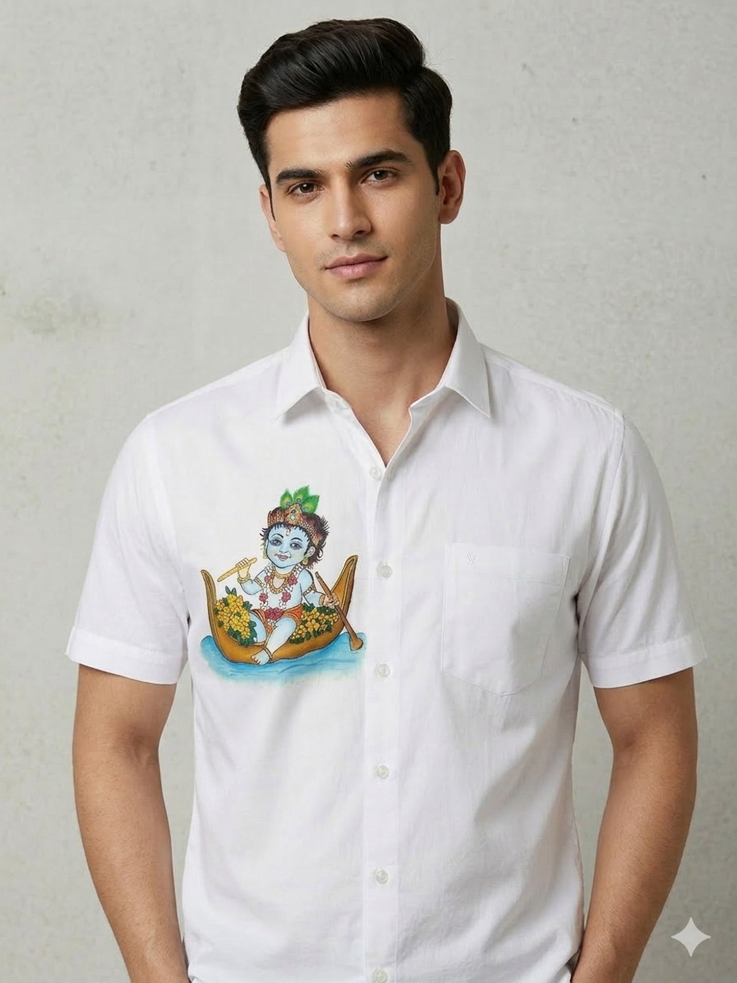 Cute Krishna with boat design hand mural painting on white cotton shirt
