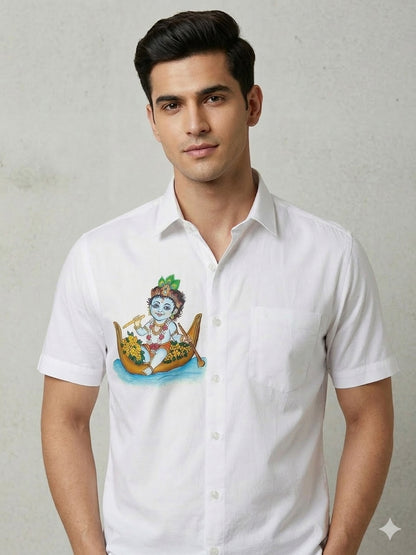 Cute Krishna with boat design hand mural painting on white cotton shirt