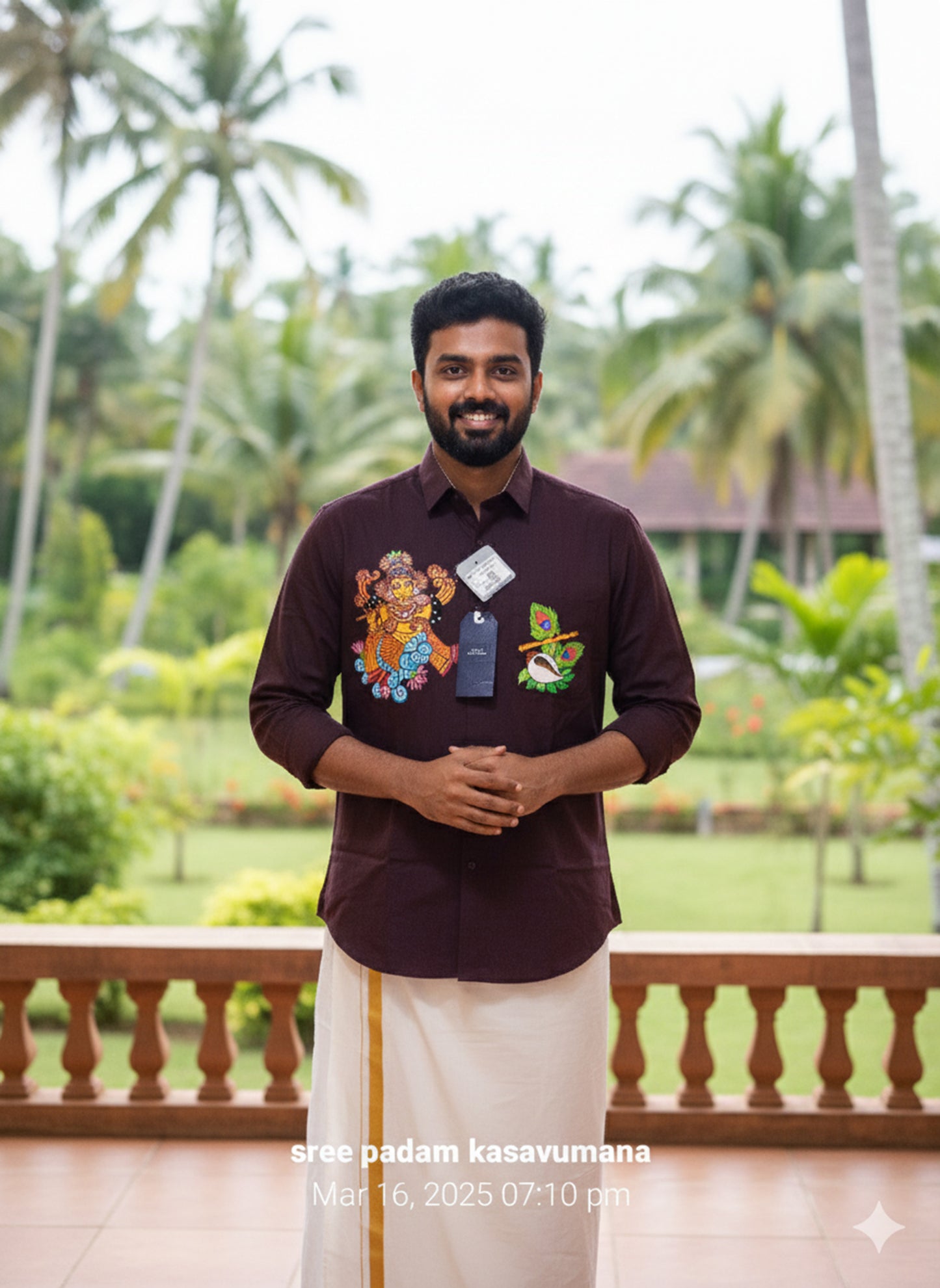 Beautiful krishna hand mural painting with peeli flute on violet cotton shirt