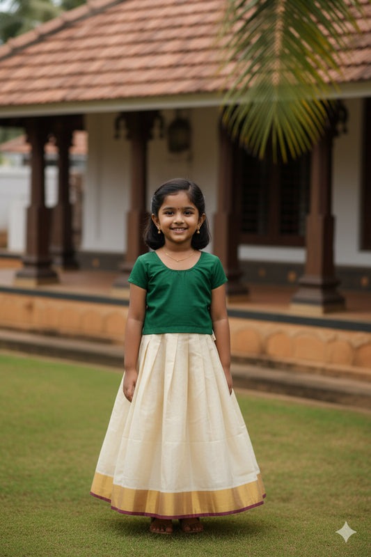kerala copper tissue pattu pavada with green blouse at low price for kids