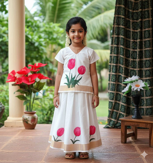 Rose flower designer hand mural painting kerala pattu pavada for kids