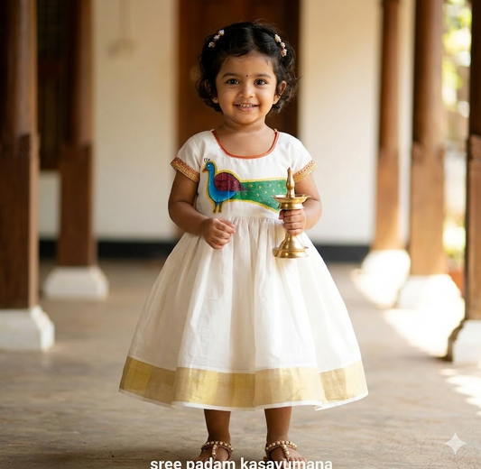 kerala cotton kasavu frock with peacock hand painting design for kids