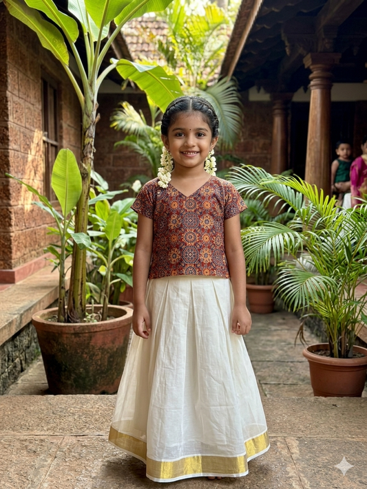 Red Kalamkari design kerala kasavu cotton pattu pavada for kids