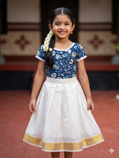 Blue Kalamkari design kerala kasavu cotton pattu pavada for kids