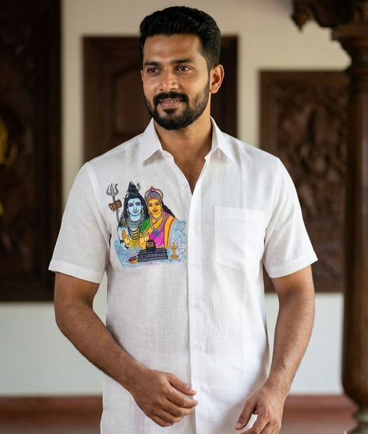 Cute ShivaParvathi design hand mural painting on white cotton shirt