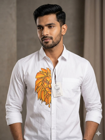 Half Lion face design hand painting on white cotton shirt