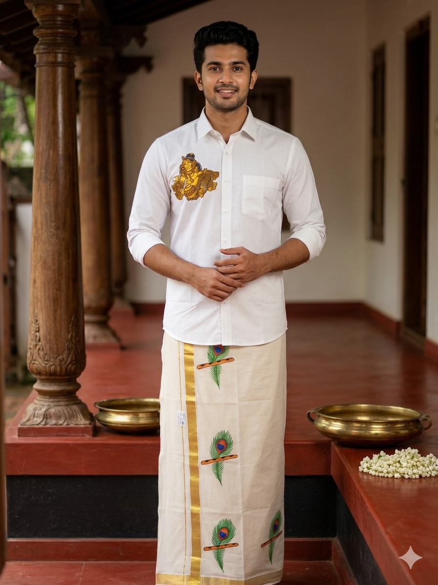 Golden shade krishna hand mural painting on white shirt with mundu