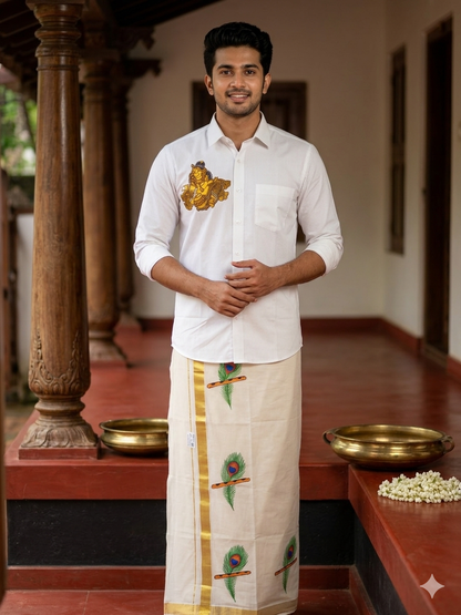 Golden shade krishna hand mural painting on white shirt with mundu