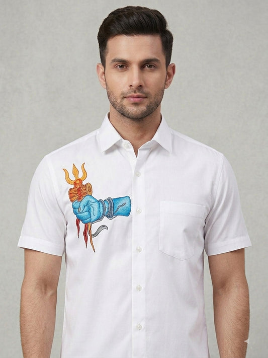 Shiva hand with trishula hand painting white cotton shirt