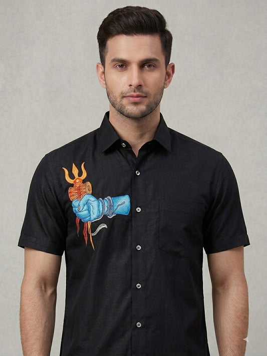 Shiva hand with trishula hand painting black cotton shirt
