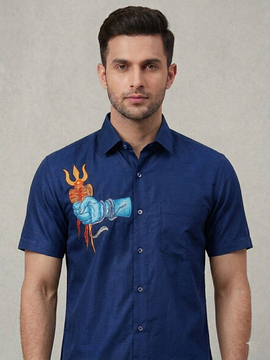 Shiva hand with trishula hand painting blue cotton shirt
