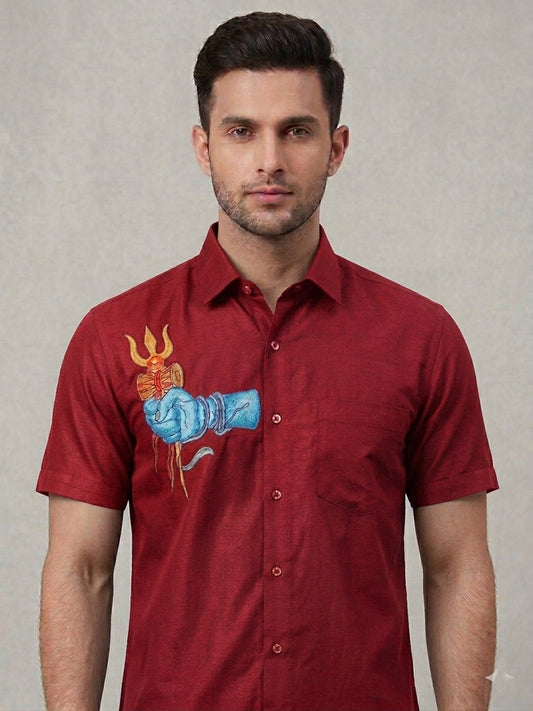 Shiva hand with trishula hand painting red cotton shirt
