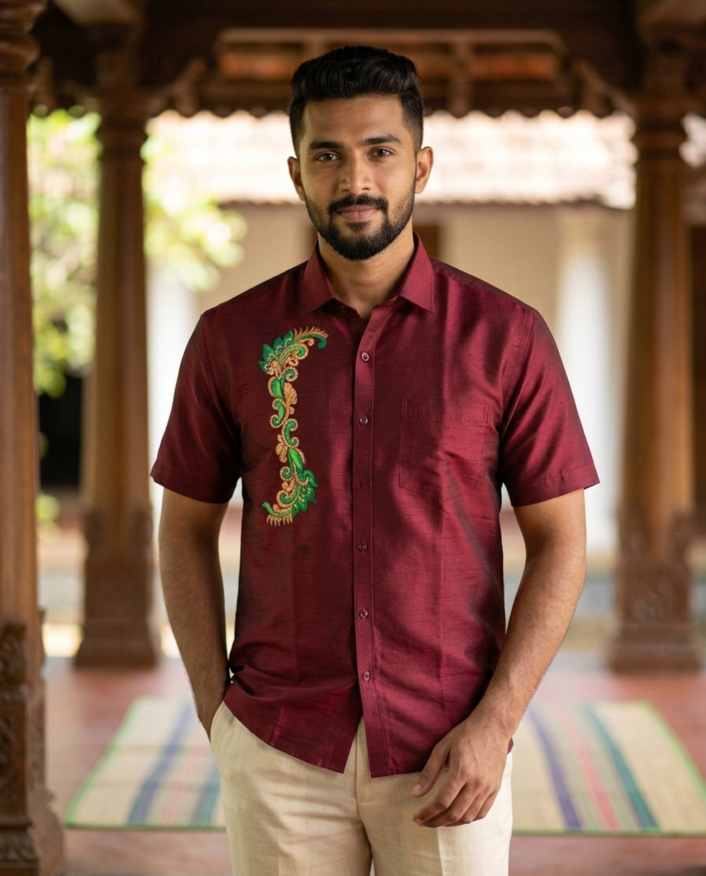 Mural design hand painting work on maroon cotton shirt