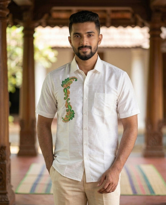 Mural design hand painting work on white cotton shirt