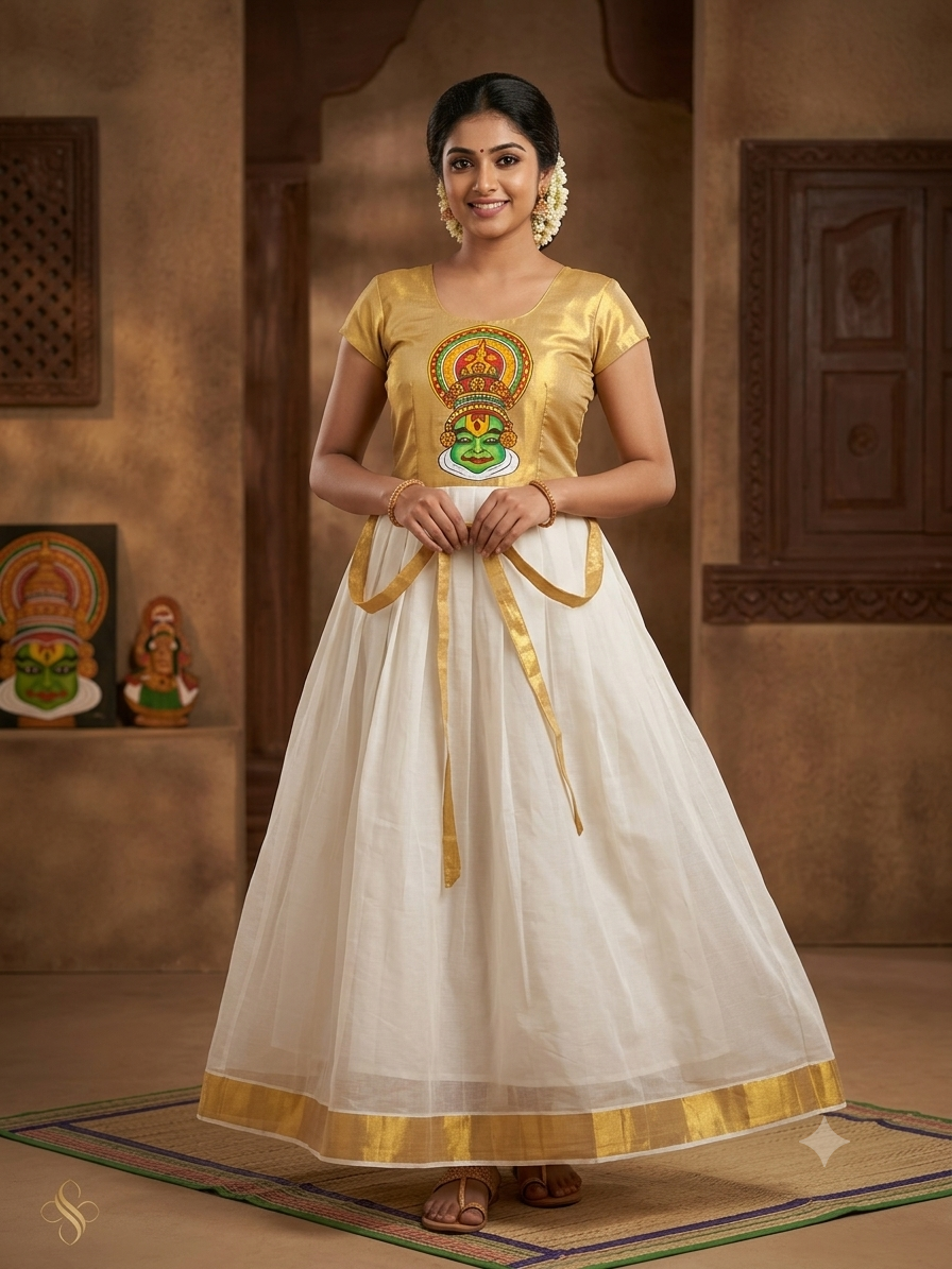 Kathakali hand mural painting kerala cotton kasavu frock for women