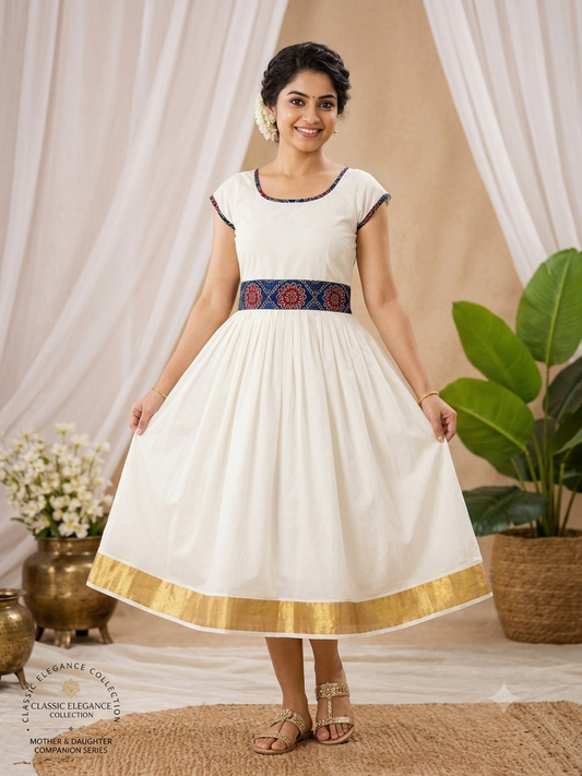 Kalamkari border kerala cotton kasavu frock for women