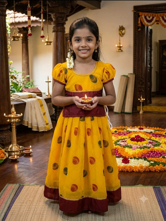 Yellow color designer with big maroon border color pattu pavada for kids