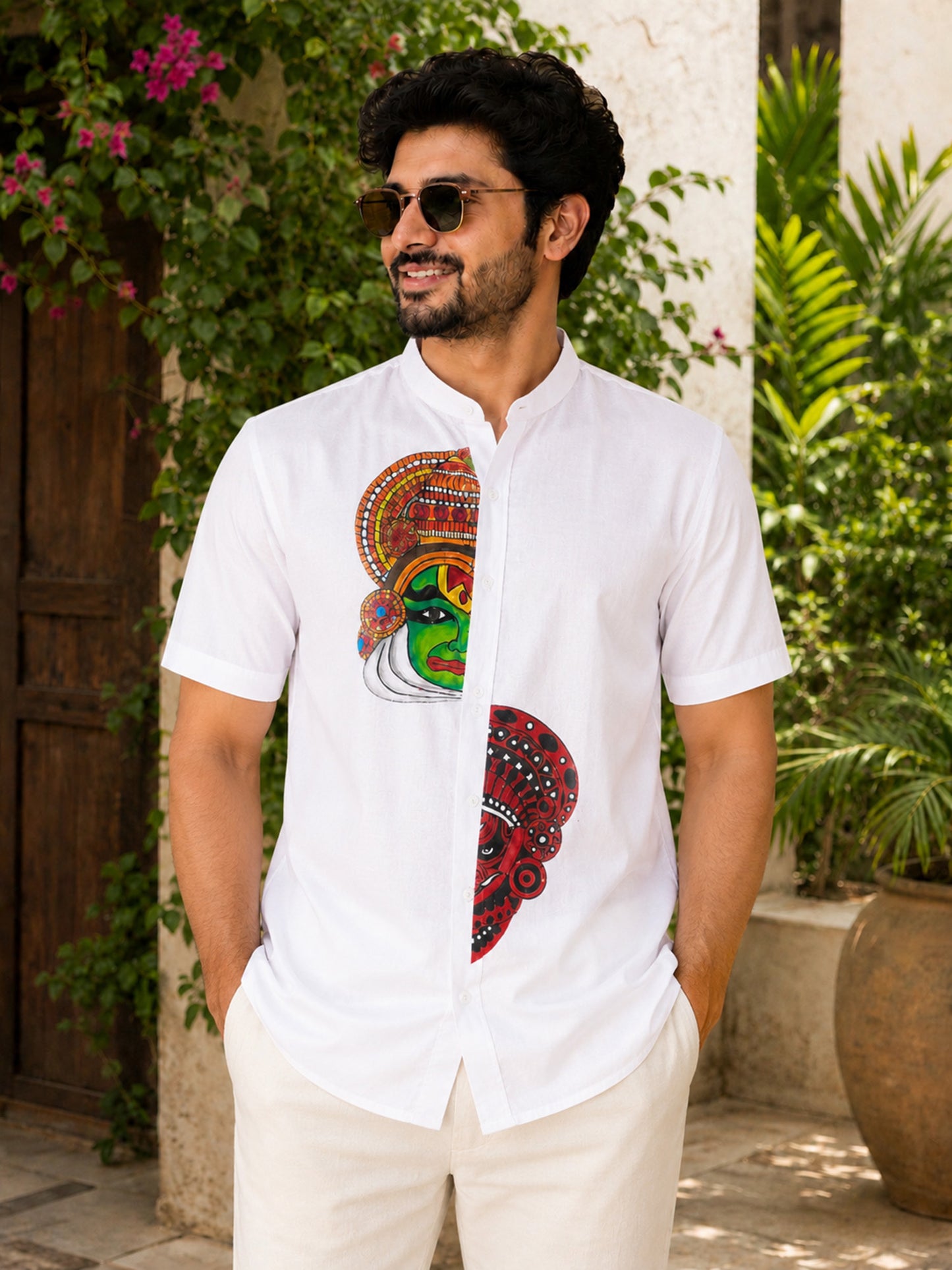 Kathakali theyyam combo hand mural painting white cotton shirt