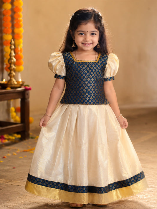 Blue designer blouse kerala tissue kasavu pattu pavada for girls