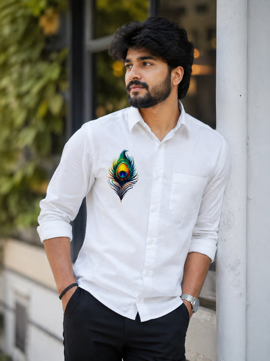 Mazhilpeeli mural printed white cotton shirt