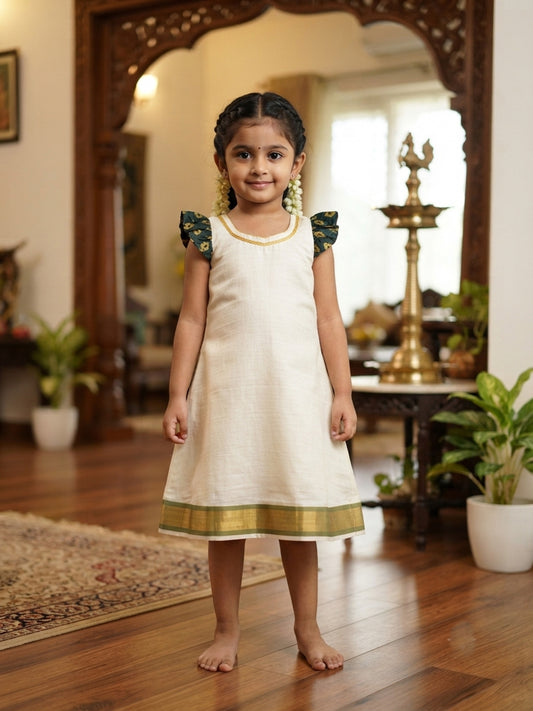 Long green puff hand kerala cotton kasavu frock for kids