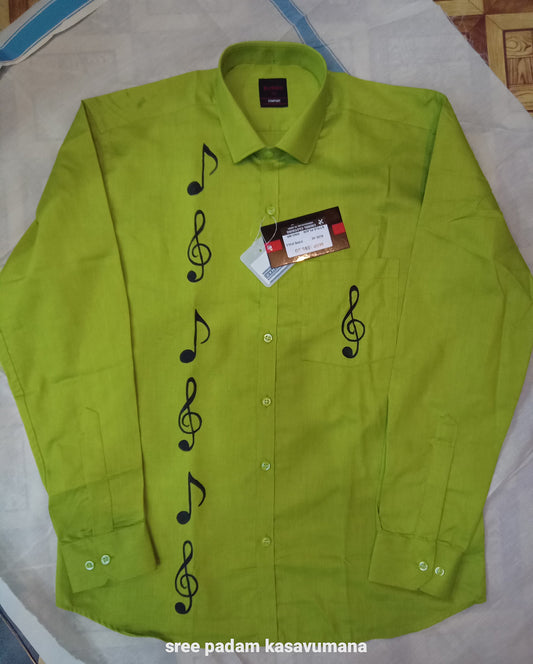Rhythm note design hand painting green cotton shirt with mundu