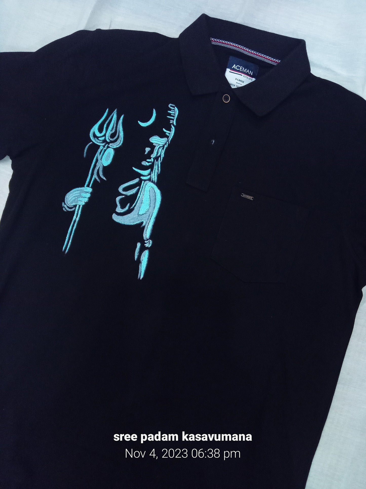 Blue Shiva hand painting on black T-Shirt