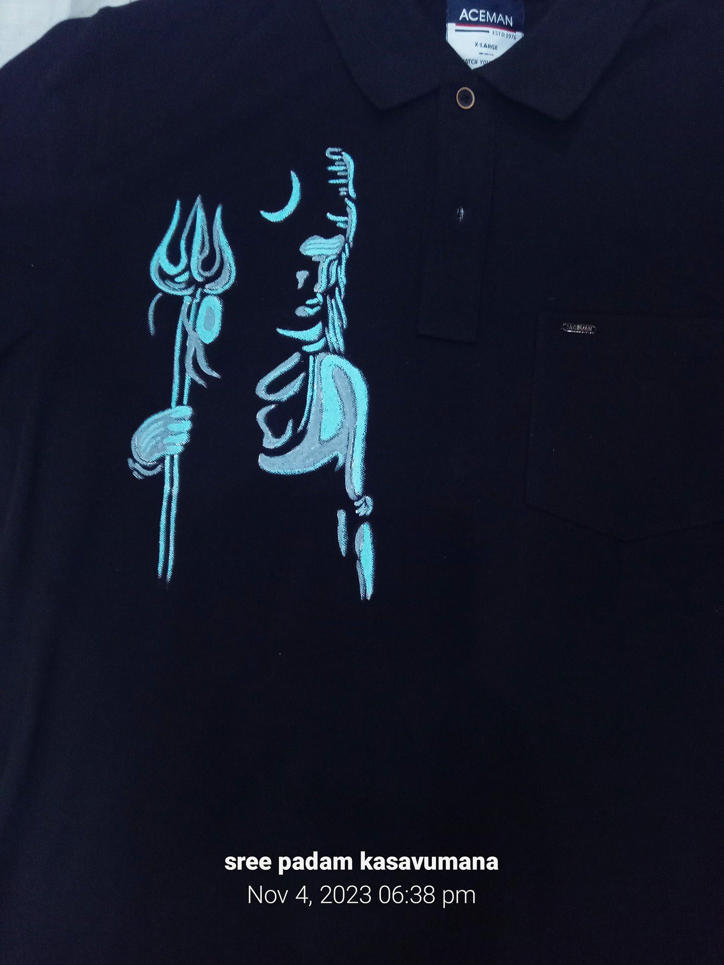 Blue Shiva hand painting on black T-Shirt