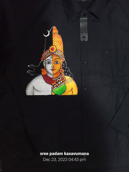 Shiva Parvathi Ardhanarishvara design hand mural painting on black cotton shirt