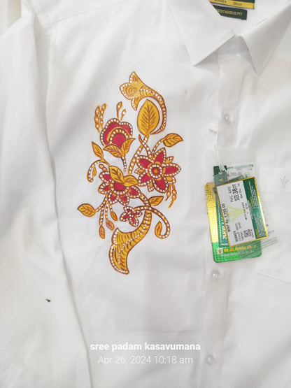 Golden flower mural hand painting on white shirt