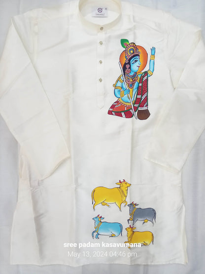 Krishna with cow design hand mural painting on cream silk kurta