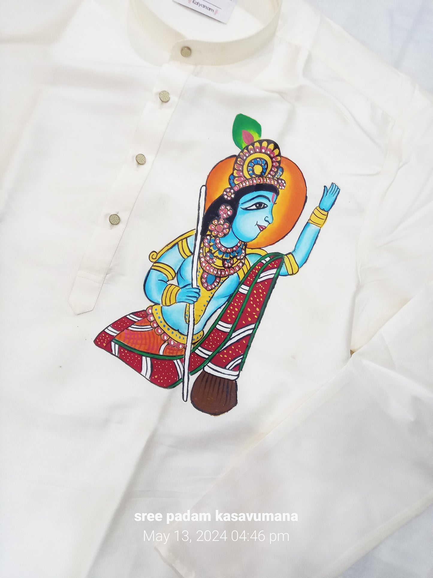 Krishna with cow design hand mural painting on cream silk kurta