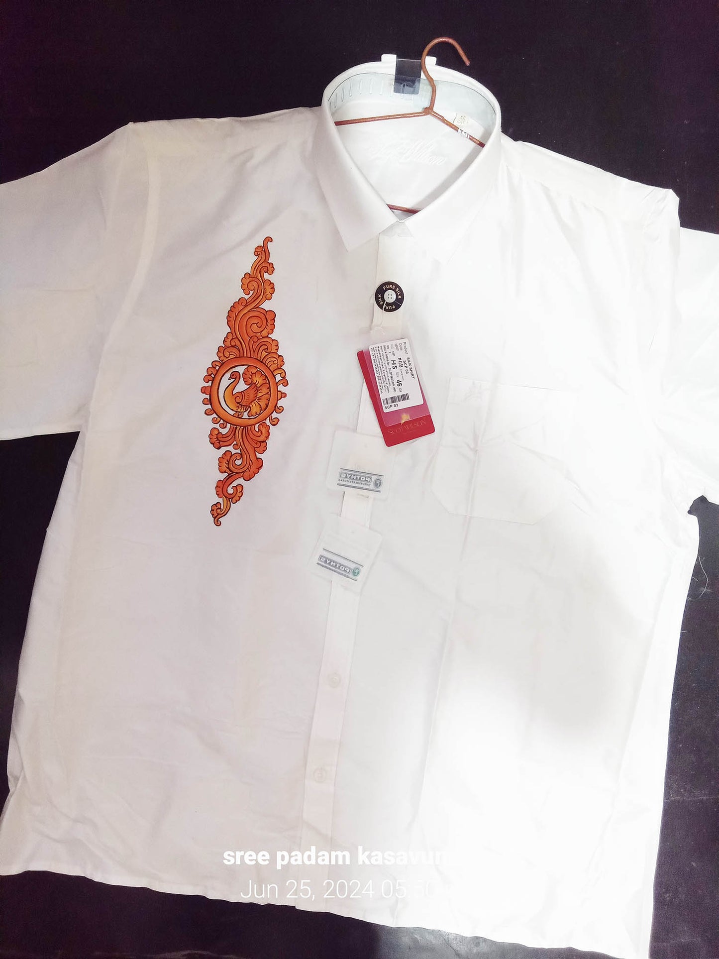 Orange shade peeli design hand mural painting white shirt