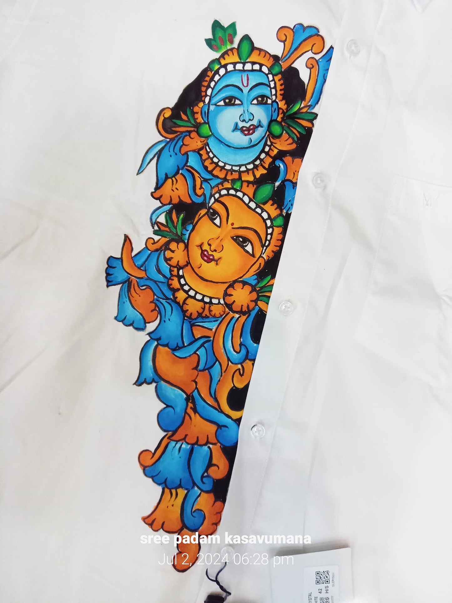 Blue krishna with radha hand mural painting on white shirt